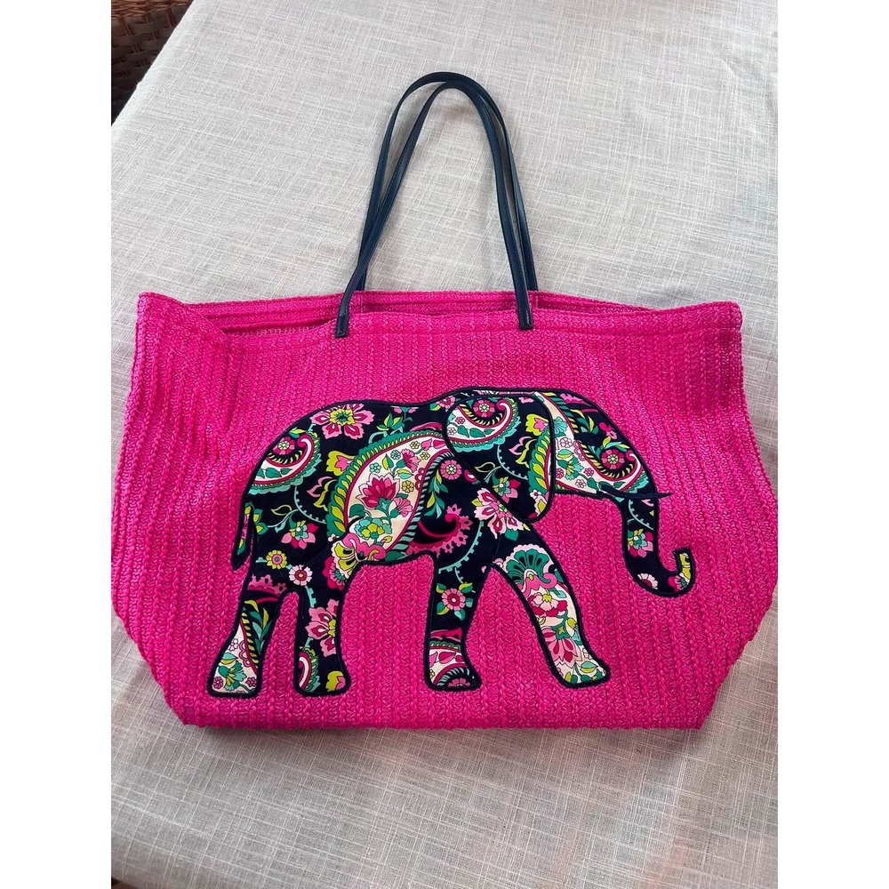 Vera Bradley Tote Bag Womens Large Pink Straw Elephant Paisley Applique